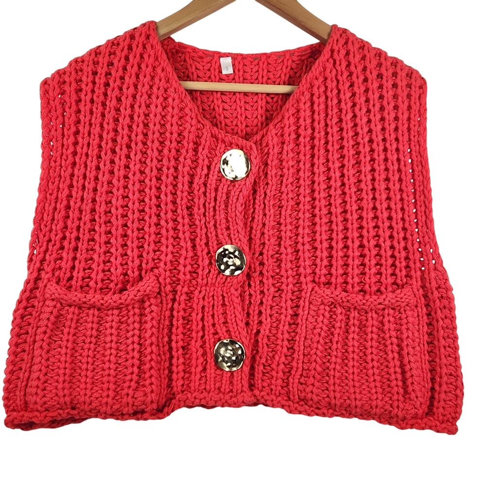 Unbranded Women's Hand Knit Chunky Oversized Red Vest with Gold Buttons Pockets